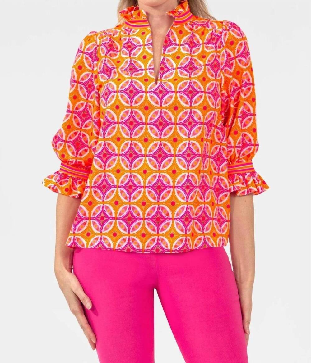 NEW GRETCHEN SCOTT ruffle neck tunic top in orange/pink